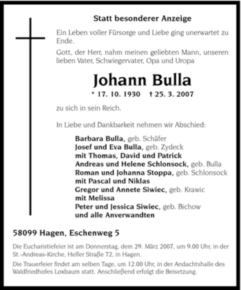 Traueranzeige von Johann Bulla von Tageszeitung