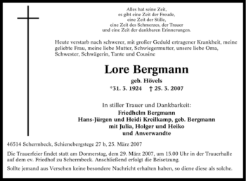Traueranzeige von Lore Bergmann von Tageszeitung