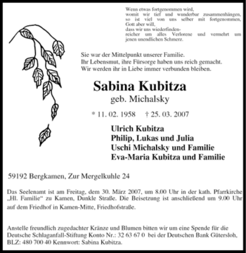 Traueranzeige von Sabina Kubitza von Tageszeitung
