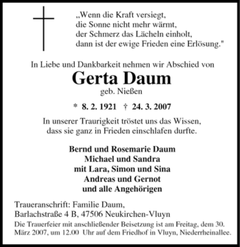 Traueranzeige von Gerta Daum von Tageszeitung