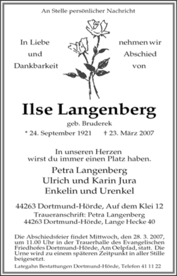 Traueranzeige von Ilse Langenberg von Tageszeitung