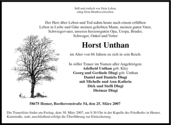 Traueranzeige von Horst Unthan von Tageszeitung