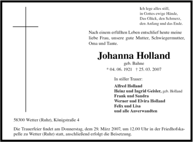  Traueranzeige für Johanna Holland vom 27.03.2007 aus Tageszeitung