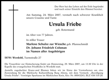 Traueranzeige von Ursula Friebe von Tageszeitung