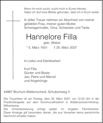 Traueranzeige von Hannelore Filla von Tageszeitung