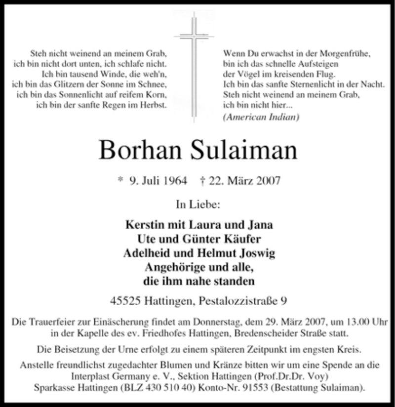  Traueranzeige für Borhan Sulaiman vom 27.03.2007 aus Tageszeitung