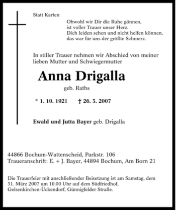 Traueranzeige von Anna Drigalla von Tageszeitung