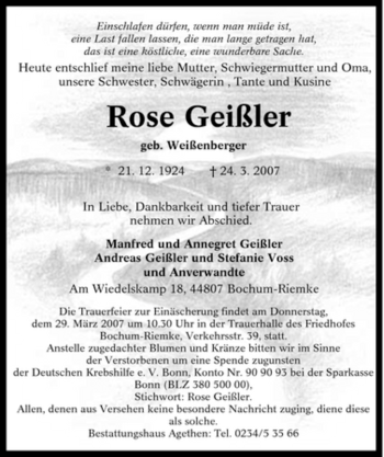 Traueranzeige von Rose Geißler von Tageszeitung