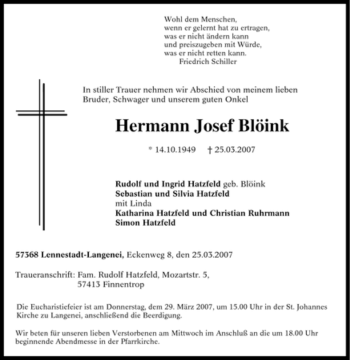 Traueranzeige von Hermann Josef Blöink von Tageszeitung