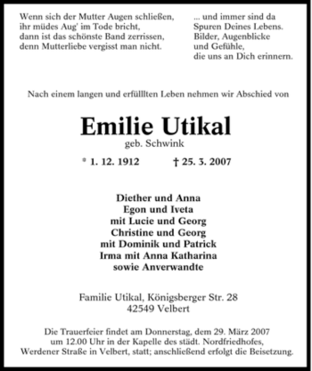 Traueranzeige von Emilie Utikal von Tageszeitung