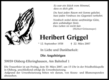 Traueranzeige von Heribert Griggel von Tageszeitung