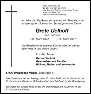 Traueranzeige von Grete Uelhoff von Tageszeitung