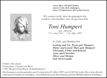 Traueranzeige von Toni Humpert von Tageszeitung