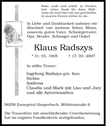 Traueranzeige von Klaus Radszys von Tageszeitung