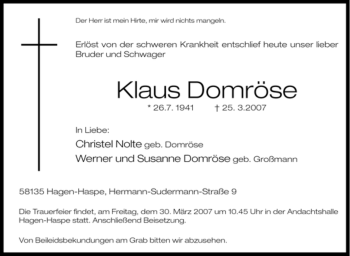 Traueranzeige von Klaus Domröse von Tageszeitung