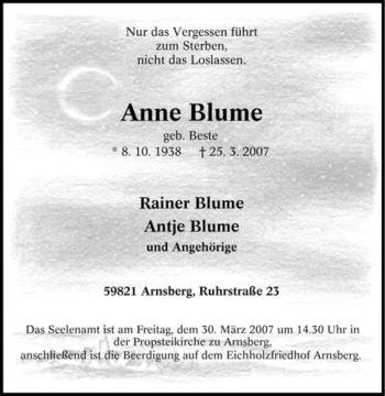 Traueranzeige von Anne Blume von Tageszeitung