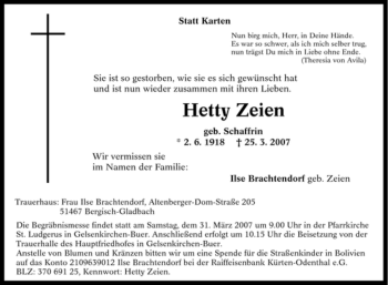 Traueranzeige von Hetty Zeien von Tageszeitung