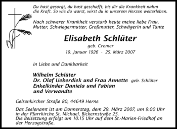 Traueranzeige von Elisabeth Schlüter von Tageszeitung