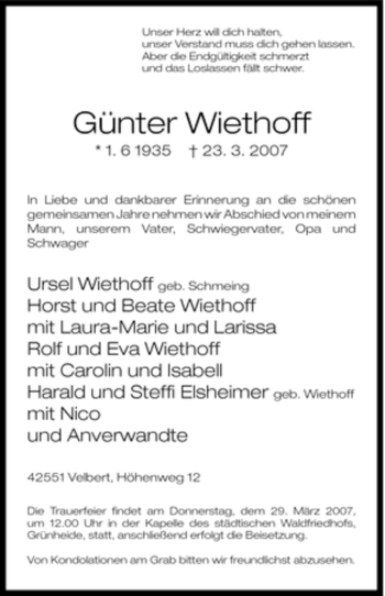 Traueranzeige von Günter Wiethoff von Tageszeitung