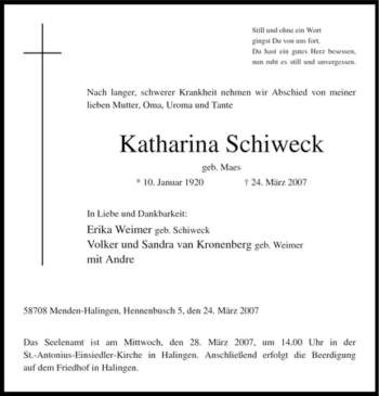 Traueranzeige von Katharina Schiweck von Tageszeitung