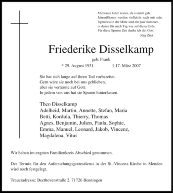 Traueranzeige von Friederike Disselkamp von Tageszeitung