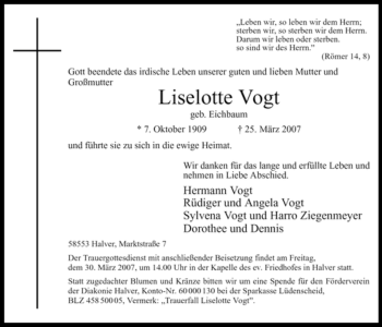 Traueranzeige von Liselotte Vogt von Tageszeitung