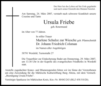 Traueranzeige von Ursula Friebe von Tageszeitung