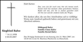 Traueranzeige von Siegfried Balve von Tageszeitung
