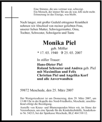 Traueranzeige von Monika Piel von Tageszeitung