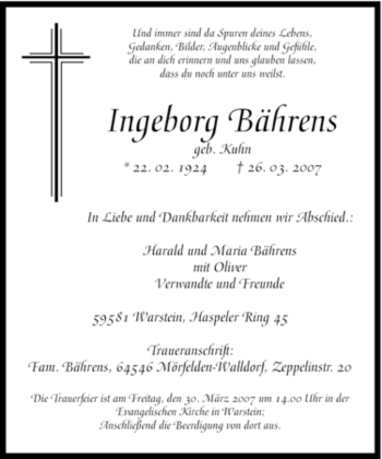 Traueranzeige von Ingeborg Bährens von Tageszeitung