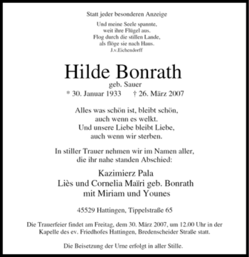 Traueranzeige von Hilde Bonrath von Tageszeitung