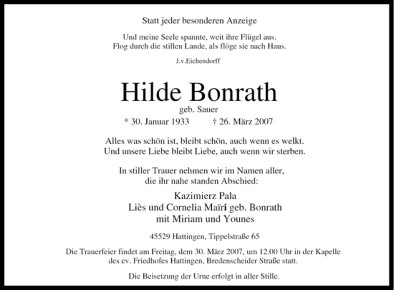  Traueranzeige für Hilde Bonrath vom 28.03.2007 aus Tageszeitung