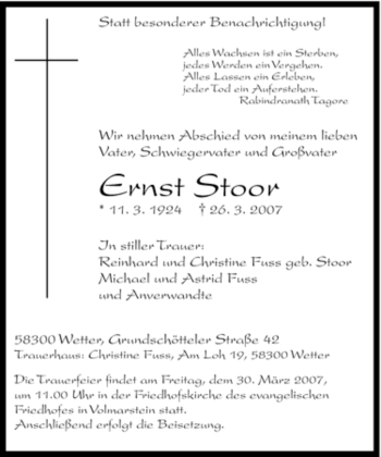 Traueranzeige von Ernst Stoor von Tageszeitung