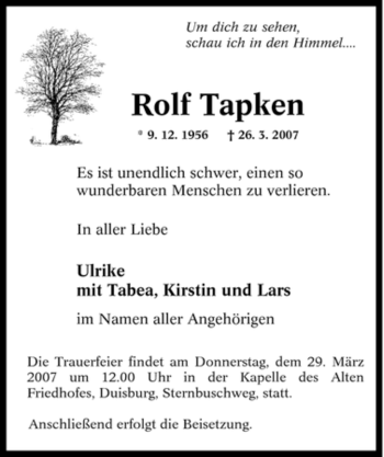 Traueranzeige von Rolf Tapken von Tageszeitung