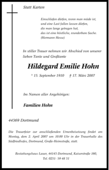Traueranzeige von Hildegard Emilie Hohn von Tageszeitung