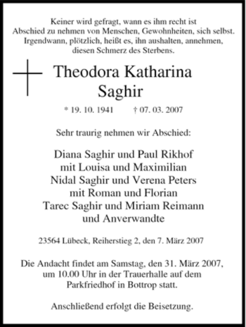Traueranzeige von Theodora Katharina von Tageszeitung