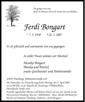 Traueranzeige von Ferdi Bongart von Tageszeitung