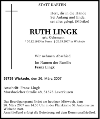 Traueranzeige von Ruth Lingk von Tageszeitung