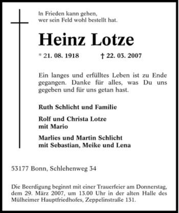 Traueranzeige von Heinz Lotze von Tageszeitung