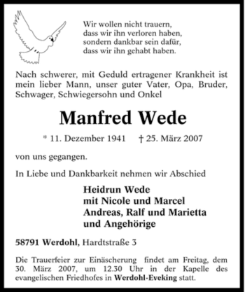 Traueranzeige von Manfred Wede von Tageszeitung