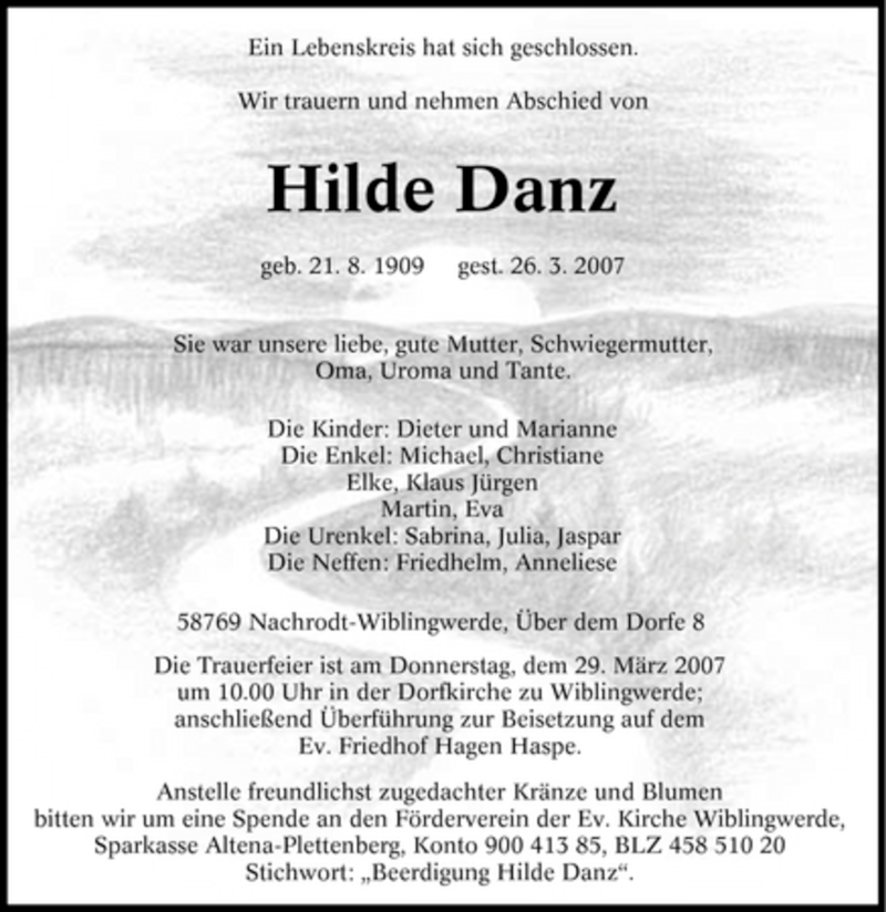  Traueranzeige für Hilde Danz vom 28.03.2007 aus Tageszeitung
