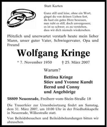 Traueranzeige von Wolfgang Kringe von Tageszeitung