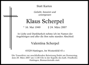 Traueranzeige von Klaus Scherpel von Tageszeitung