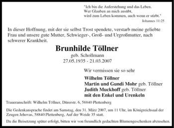 Traueranzeige von Brunhilde Töllner von Tageszeitung