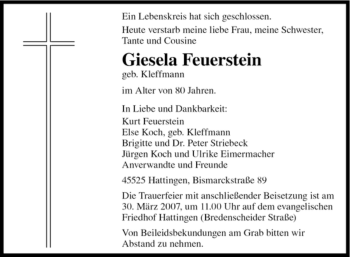 Traueranzeige von Giesela Feuerstein von Tageszeitung