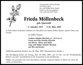 Traueranzeige von Frieda Möllenbeck von Tageszeitung