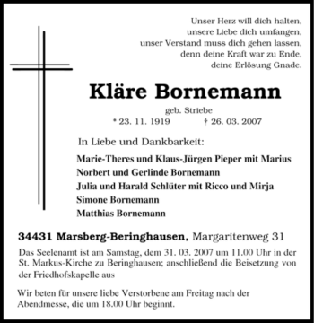 Traueranzeige von Kläre Bornemann von Tageszeitung