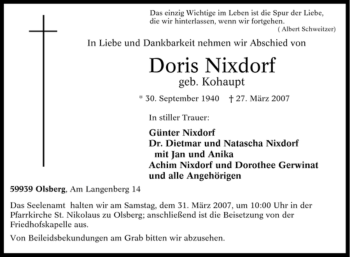 Traueranzeige von Doris Nixdorf von Tageszeitung