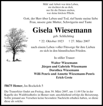 Traueranzeige von Gisela Wiesemann von Tageszeitung