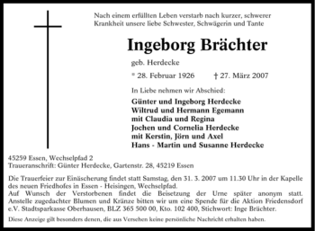 Traueranzeige von Ingeborg Brächter von Tageszeitung